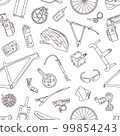Line icon style seamless vector pattern of of bicycle parts, components, spares and accessories.  99854243