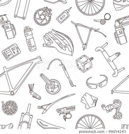 Line icon style seamless vector pattern of of bicycle parts, components, spares and accessories.  99854243