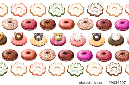 Three kinds of donuts lined up in a row Transparent background/white background with differences Illustration material 99854507