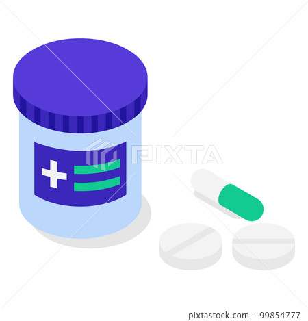 Isometric illustration of pharmaceuticals and medicines (capsules and tablets) 99854777