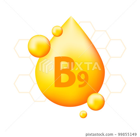 Vitamin B9 with realistic drop. Particles of vitamins in the middle. Vitamin B9 with realistic drop. Particles of vitamins in the middle. 99855149