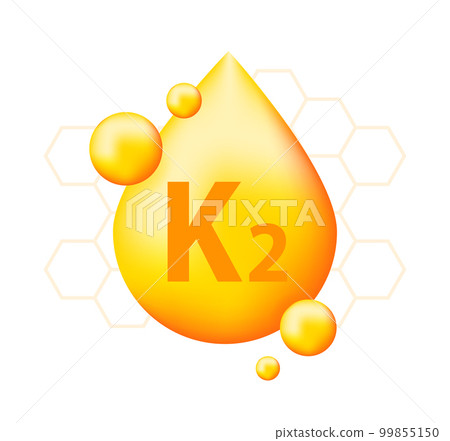 Vitamin K2 with realistic drop. Particles of vitamins in the middle 99855150