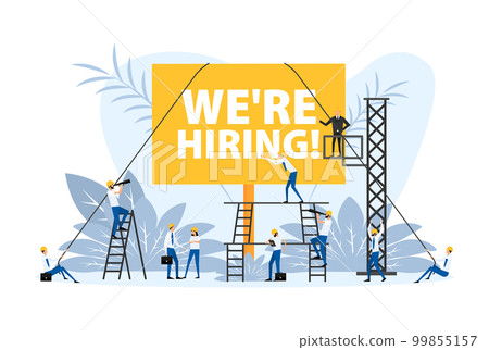 People stand near the placard we're hiring. Hand holding blank placard People stand near the placard we're hiring. Hand holding blank placard 99855157