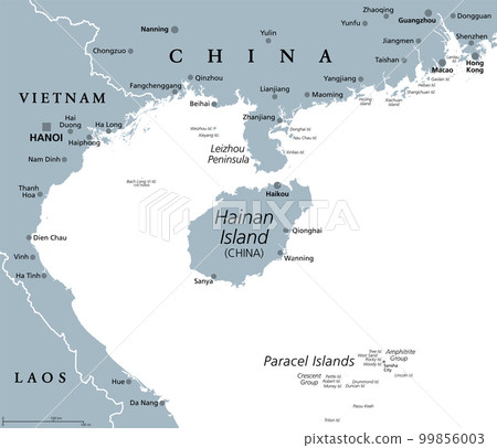 Hainan, southernmost province of China, and surrounding area, gray political map. Hainan Island, and Paracel Islands in the South China Sea, south of the Leizhou Peninsula, and east of Gulf of Tonkin. 99856003