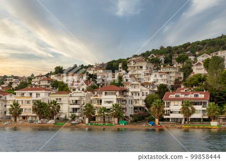 View of the hills of Kinaliada island from Marmara Sea, with traditional summer houses and boats, Istanbul, Turkey 99858444