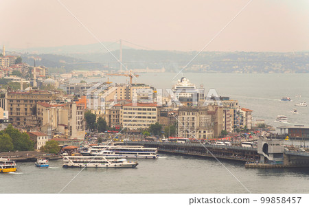 Aerial view of Golden Horn, with Galata Bridge, Karakoy Ferry Terminal, and Bosphorus bridge, Istanbul, Turkey 99858457