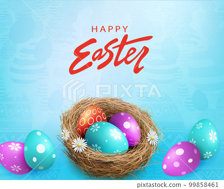 Composition with Easter eggs in a nest on a blue textural background Composition with Easter eggs in a nest on a blue textural background 99858461
