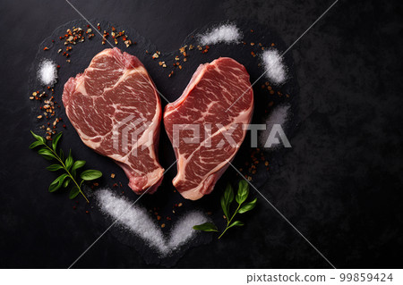 Raw steak on a slate. Two raw steaks on a dark shale background. Slice of meat with salt, pepper and herbs 99859424