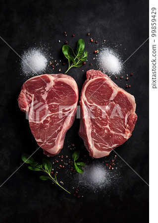 Raw steak on a slate. Two raw steaks on a dark shale background. Slice of meat with salt, pepper and herbs Raw steak on a slate. Two raw steaks on a dark shale background. Slice of meat with salt, pepper and herbs 99859429