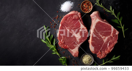 Raw steak on a slate. Two raw steaks on a dark shale background. Slice of meat with salt, pepper and herbs 99859433