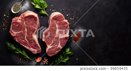 Raw steak on a slate. Two raw steaks on a dark shale background. Slice of meat with salt, pepper and herbs Raw steak on a slate. Two raw steaks on a dark shale background. Slice of meat with salt, pepper and herbs 99859435