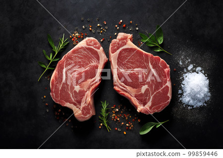 Raw steak on a slate. Two raw steaks on a dark shale background. Slice of meat with salt, pepper and herbs 99859446