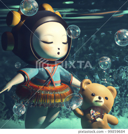 Kokeshi and bear walking underwater Kokeshi and bear walking underwater 99859684