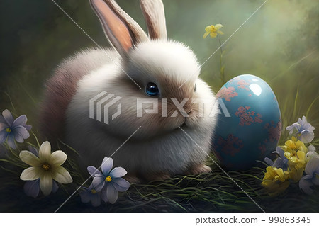 The Easter bunny sits in a flowers with eggs - Stock Illustration ...