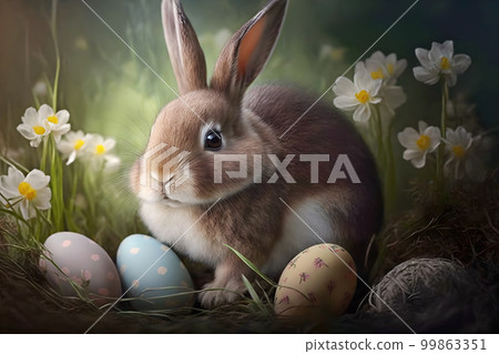 The Easter bunny sits in a flowers with eggs The Easter bunny sits in a flowers with eggs 99863351