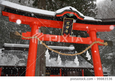 Torii of a Shinto shrine where snow flutters (Shijiri City, Nagano Prefecture) Torii of a Shinto shrine where snow flutters (Shijiri City, Nagano Prefecture) 99863536