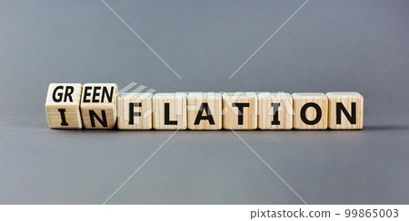 Inflation or greenflation symbol. Concept words Inflation or Greenflation on wooden cubes. Beautiful grey table grey background. Ecological business inflation or greenflation concept. Copy space. Inflation or greenflation symbol. Concept words Inflation or Greenflation on wooden cubes. Beautiful grey table grey background. Ecological business inflation or greenflation concept. Copy space. 99865003