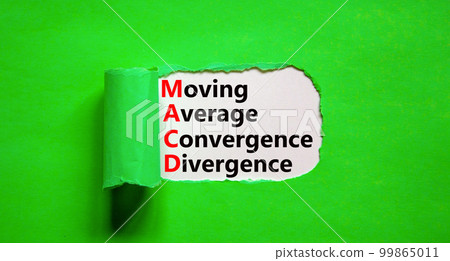 MACD symbol. Concept words MACD moving average convergence divergence on white paper on beautiful green background. Business MACD moving average convergence divergence concept. Copy space. MACD symbol. Concept words MACD moving average convergence divergence on white paper on beautiful green background. Business MACD moving average convergence divergence concept. Copy space. 99865011