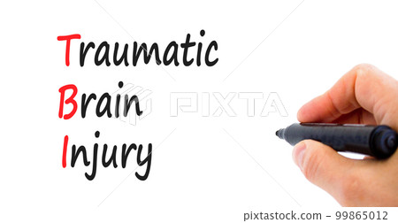 TBI traumatic brain injury symbol. Concept words TBI traumatic brain injury on paper on a beautiful white background. Doctor hand. Medical and TBI traumatic brain injury concept. Copy space. 99865012
