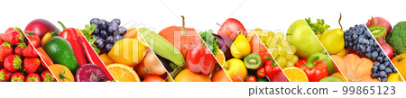 vegetables and fruits isolated on white background. Wide photo. Free space for text. Collage. vegetables and fruits isolated on white background. Wide photo. Free space for text. Collage. 99865123