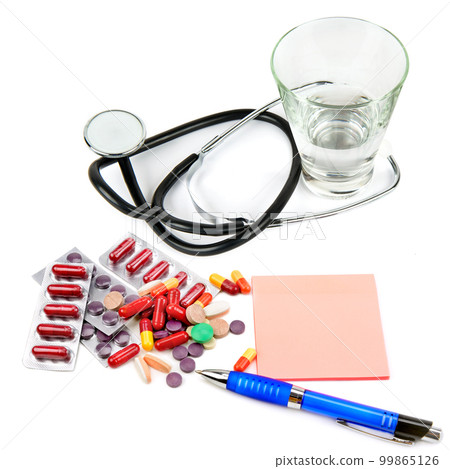 Stethoscope, medical pills and prescription isolated on white. Stethoscope, medical pills and prescription isolated on white. 99865126