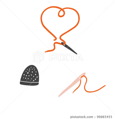 Thimble and needles in hand drawn style. Flat vector illustration of needlework supply, concept of sewing, embroidery, handicrafts, hobby Thimble and needles in hand drawn style. Flat vector illustration of needlework supply, concept of sewing, embroidery, handicrafts, hobby 99865455