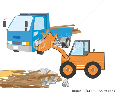We are working on demolition work of a wooden house with heavy machinery. 99865873