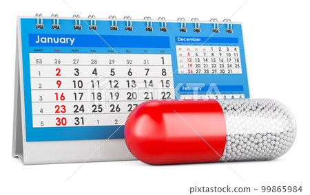 Medicament capsule with desk calendar, 3D rendering Medicament capsule with desk calendar, 3D rendering 99865984