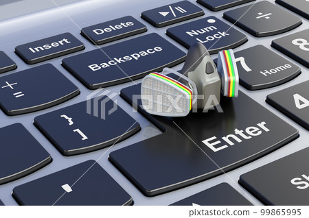 Reusable Half Face Cover on laptop keyboard, 3D rendering Reusable Half Face Cover on laptop keyboard, 3D rendering 99865995