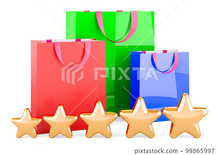 Shopping bags with five golden stars, 3D rendering Shopping bags with five golden stars, 3D rendering 99865997