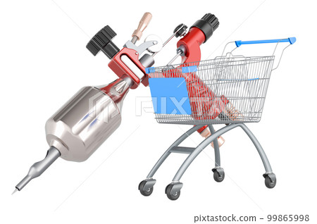 Tattoo machine with shopping cart, 3D rendering Tattoo machine with shopping cart, 3D rendering 99865998