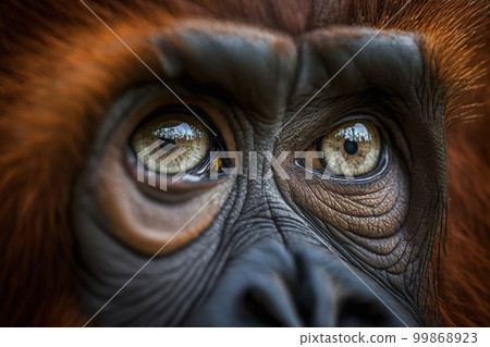 Portrait of an orangutan's eyes, with a dramatic and intense expression. The image conveys a message of animal protection and the importance of animal rights, potentially highlighting the need to ban 99868923