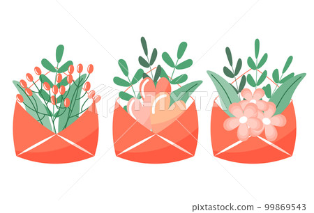Set of envelopes with flowers and hearts, gift icons. Spring illustration, greeting icons, vector 99869543