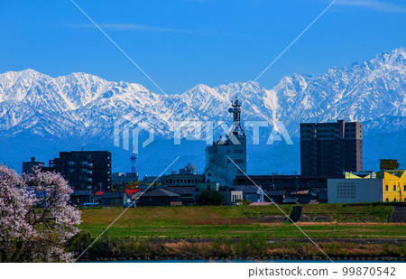 春天：從神通川左岸的河床仰望立山連峰 99870542