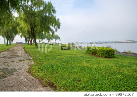 Lake Yanaka Watarase Reservoir Nakanoshima Early morning scenery 99872167