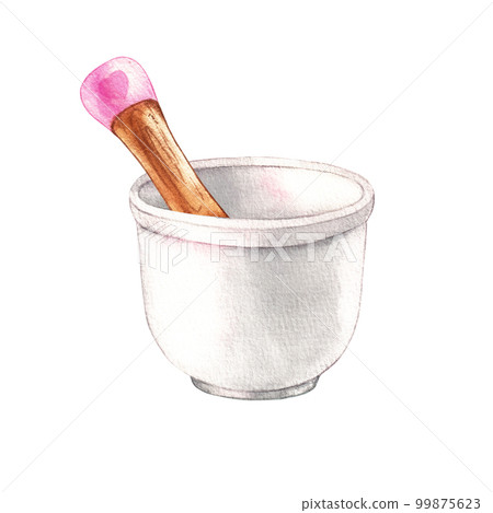Watercolor bowl and pestle on a white background Watercolor bowl and pestle on a white background 99875623