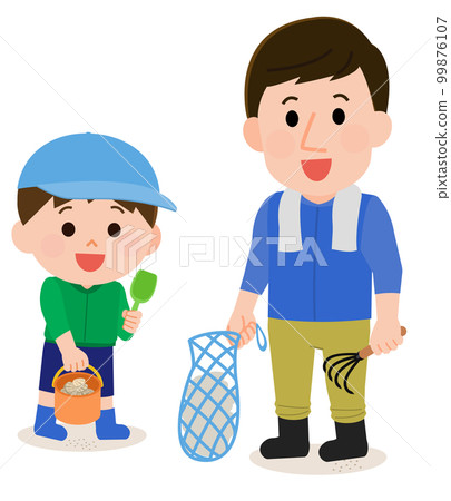 父親和男孩享受挖蛤插圖 父親和男孩享受挖蛤插圖 99876107