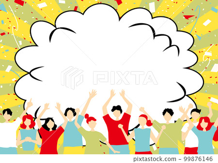 A crowd of excited people Background of confetti balloons 99876146
