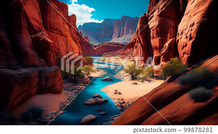 A canyon with a river running through it, surrounded by red rocks and a bright blue sky, Generative AI, illustration 99878281