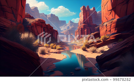 A canyon with a river running through it, surrounded by red rocks and a bright blue sky, Generative AI, illustration 99878282