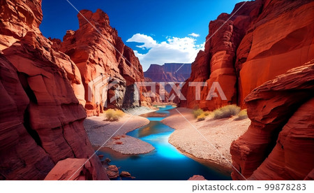 A canyon with a river running through it, surrounded by red rocks and a bright blue sky, Generative AI, illustration 99878283
