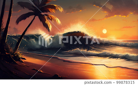 A beach at sunset, with the waves crashing on the shore and palm trees swaying in the breeze, Generative AI, illustration 99878315