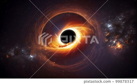 A black hole surrounded by a bright accretion disk, with stars visible in the background, Generative AI, illustration A black hole surrounded by a bright accretion disk, with stars visible in the background, Generative AI, illustration 99878317