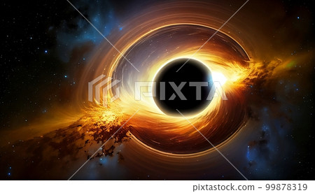 A black hole surrounded by a bright accretion disk, with stars visible in the background, Generative AI, illustration 99878319