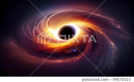 A black hole surrounded by a bright accretion disk, with stars visible in the background, Generative AI, illustration 99878321