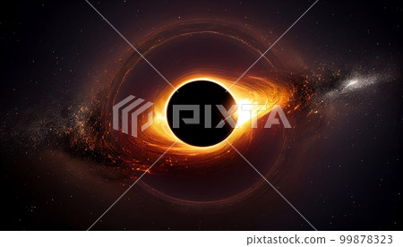 A black hole surrounded by a bright accretion disk, with stars visible in the background, Generative AI, illustration 99878323