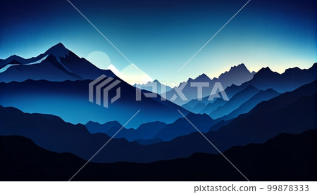 A gradient background that fades from dark blue to light blue, with a silhouette of a mountain range in the foreground, Generative AI, illustration A gradient background that fades from dark blue to light blue, with a silhouette of a mountain range in the foreground, Generative AI, illustration 99878333