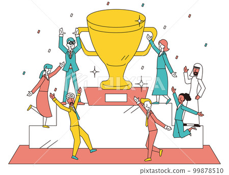 A large number of business people announcing products that will be given to people with excellent sales performance 99878510