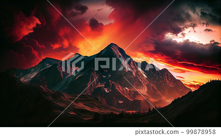 A mountain range at sunset, with dramatic clouds and warm colors in the sky, Generative AI, illustration 99878958