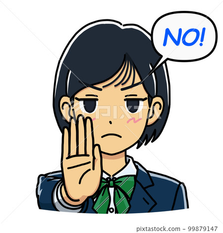 Illustration of a female student who makes a refusal pose while saying "NO" (blue letters) 99879147